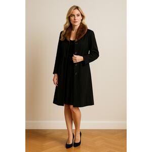 Vintage black wool fir trimmed trench coat